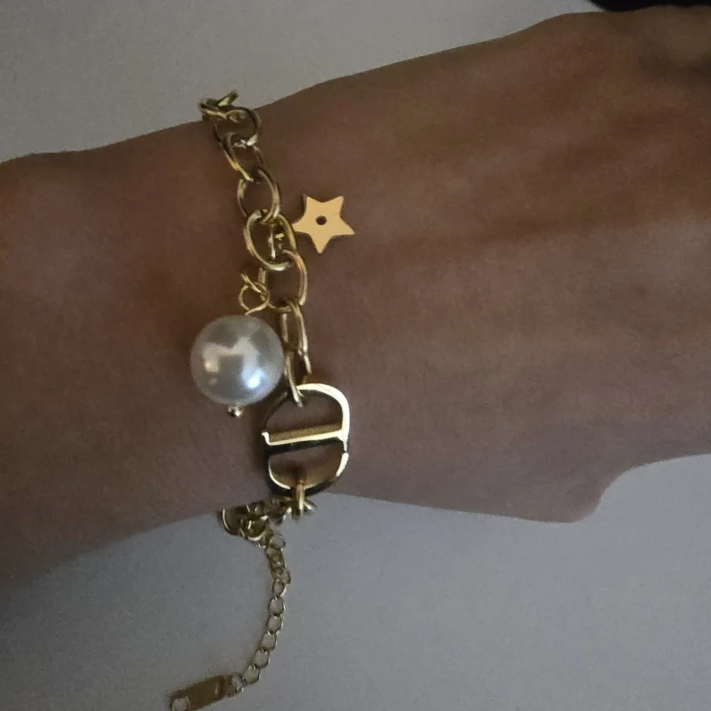 Gold Charm Bracelet with Pearl Accent